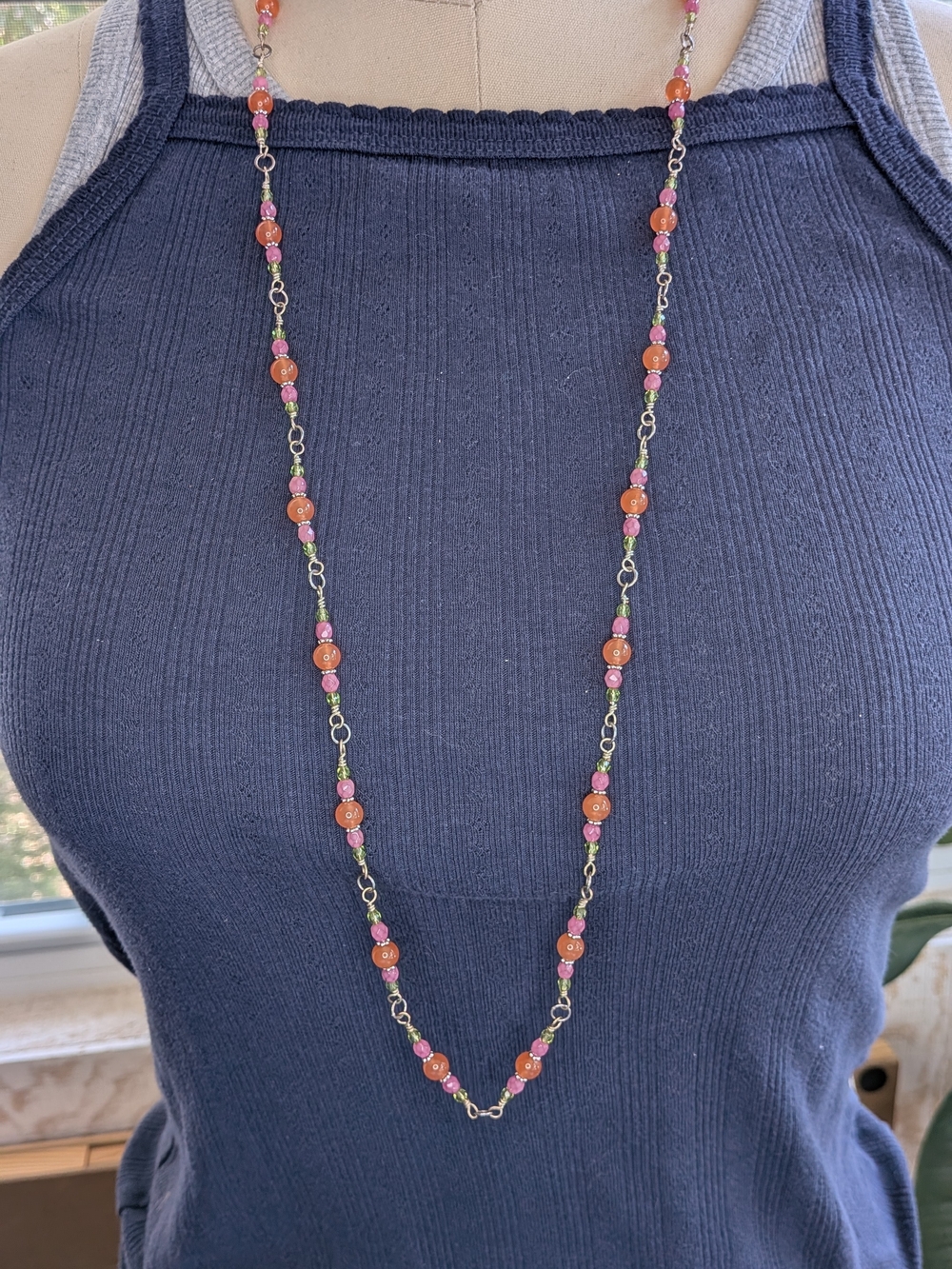 Sterling Silver 925 Wire Wrapped Beaded Station Necklace Orange Pink Green Long